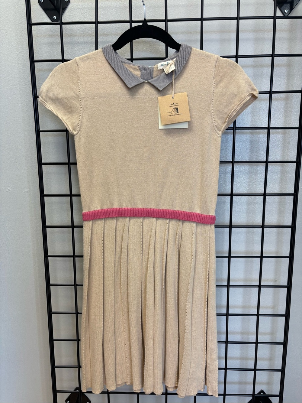 Girls' Cream Dress with Pink Waist and Gray Collar